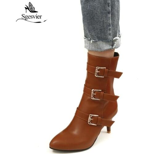 Sgesvier 2018 Fashion Buckle Strap Knight Ridding Ankle Boots Female Black Brown Womens Shoes Thin High Heels Short Boots B708