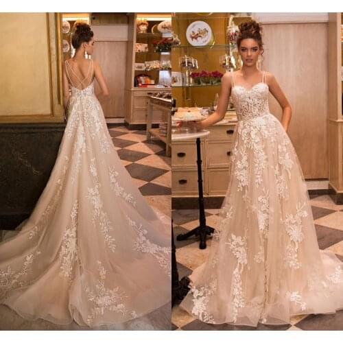 Champagne Wedding Dresses Boho 2021 Elegant Lace Appliques Bridal Gown Tulle Vintage Wedding Party Dress vestidos de mairee