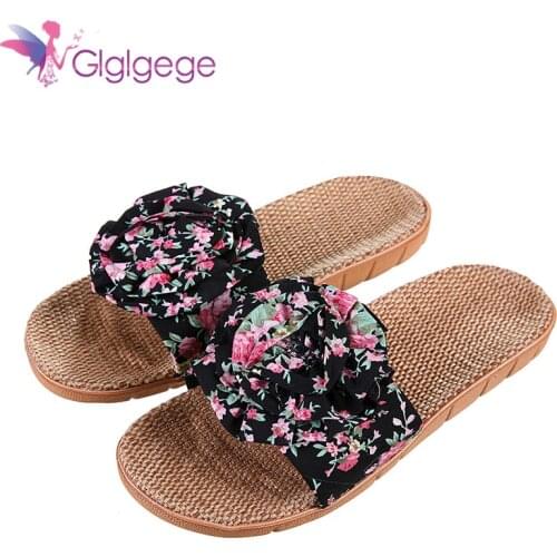 Glglgege 2021 New Women Slippers Breathable Linen Slippers With Big Bow-knot Casual Home Flat Slides Non-slip Indoor Shoes Flats