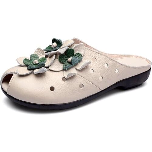 New Fashion Genuine Leather Women Flat Sandals Slippers Peep Toe Hollow Summer Shoes Woman Loafers Retro Female Mocassin WSH3366