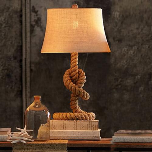Vintage Hemp Rope Led Table Lamps for Bedroom Mediterranean Study Cafe Light Fixtures Nordic Living Room Deco Bedside Desk Lamp