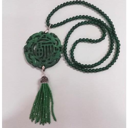 Vintage Asia Ancient Sculpture Carving Art Pattern Dark Green Semi Precious Onyx Beads Stone Tassel Pendant Necklace DIY Jewelry