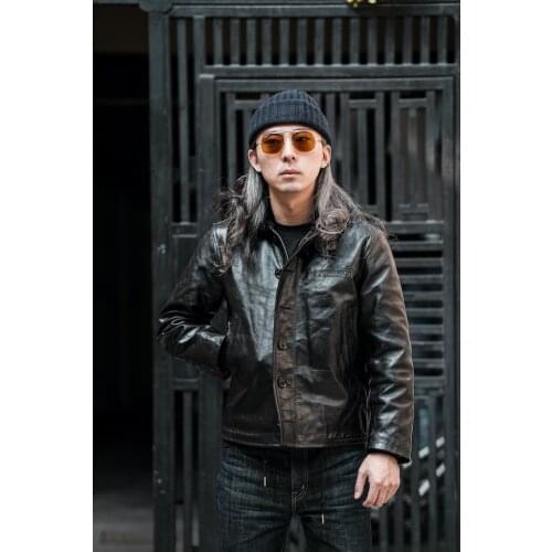 YR!Free shipping.American Vintage oil tea core horsehide jacket.men Classic Casual N1 style leather coat.luxury warm leather
