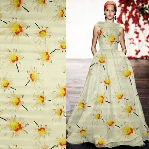 Yellow floral on beige background 100% silk organza satin fabric stiff,SOZ159