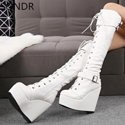 Womens Round Toe Platform Knee Thigh Boots Wedge High Heel Belt Buckle Long Shoes Knight Riding Lace Up Black White Plus Size