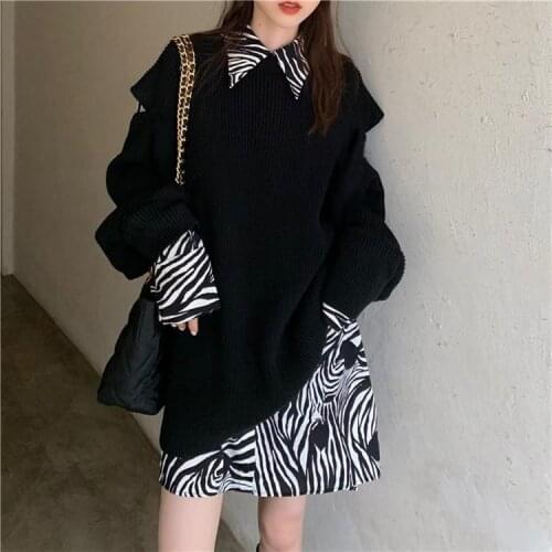 Women Autumn Korean Retro Leopard Shirts Loose Tops Single Breasted Outwear and Knitted Vest Sets Fashion Two Piece Outfits Q883