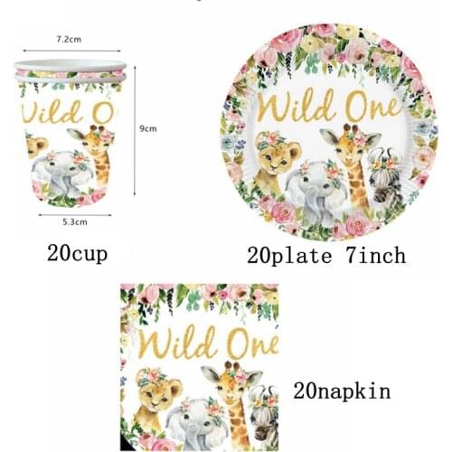 WILD ONE Golden Zebra Giraffe Elephant Leopard Flower Party Girl Baby First Birthday Newborn Paper Cup Plate Napkin Decoration