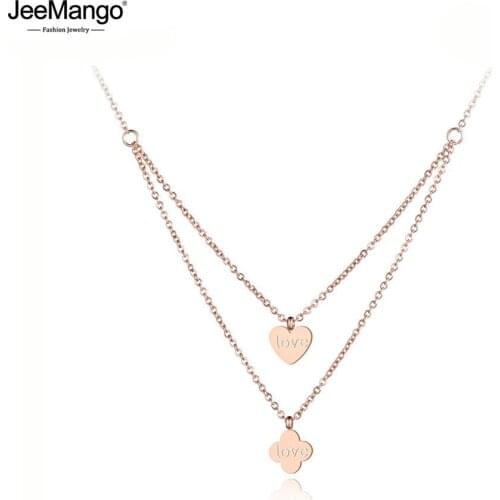 JeeMango Trendy Original Design Stainless Steel Love Heart & Flower Charm Necklace Pendant Chain Jewelry For Women Girls JN19072