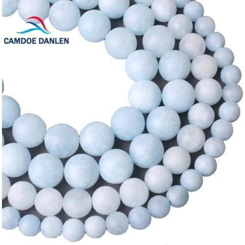 CAMDOE DANLEN Natural Gem Stone Matte Frosted Blue Aquamarines Round Beads 6 8 10 12 MM Fit DIY Handmade Find Jewelry Making