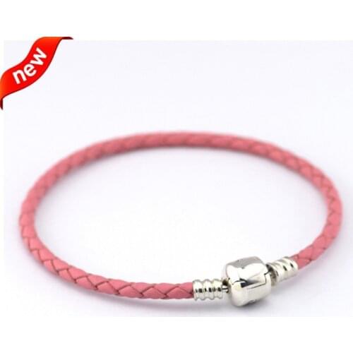 Pink Leather Bracelet Rope Chain DIY Charm Women Jewelry 925 Sterling Silver Barrel Clasp Bracelets Bangles Pulseras Berloques