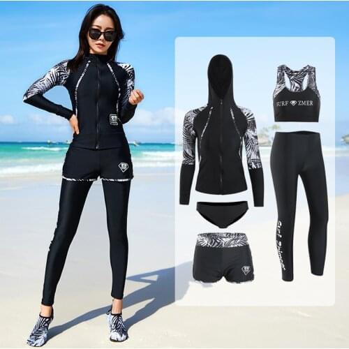 Long Sleeve Rash Guard Women Hat Print 5 Pieces Swimsuit Zipper Swimwear Bathing Suits Surfing With Pad Long Pant Couples Men