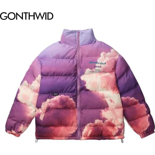 GONTHWID Cottond Padded Jackets Streetwear Hip Hop Galaxy Sunset Cloud Print Full Zip Reflective Jacket Coat Casual Tops Outwear