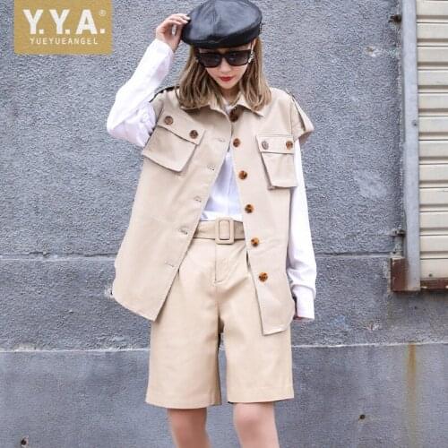 Spring New Women Sheepskin Short Sleeve Jacket Pockets Safari Coat Casual Loose Fit Genuine Leather Jacket Motor Biker Outwear