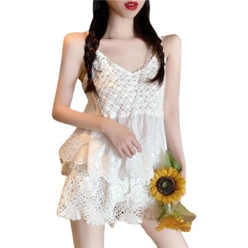 Summer cute girls 2pcs sets women camis shorts sets kawaii girls summer hook hollow out tanks tops sets