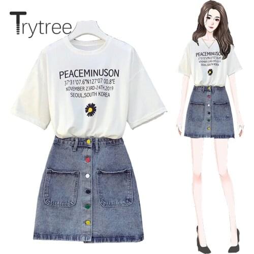 Trytree 2020 Summer Women two piece set Casual O-neck Letter Small daisies Top + Cowboy Skirt Pockets Fashion Set 2 piece Set