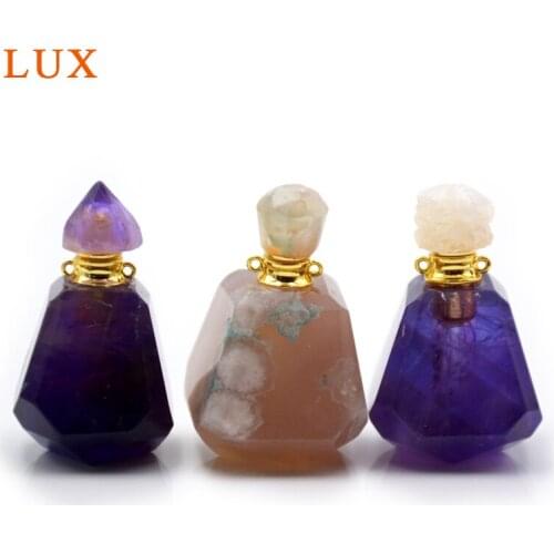 Natural gems faceted stone perfume essential oils bottle amethysts pendant with stick for necklace jewelry making