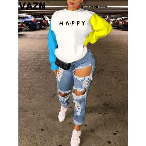 VAZN 2020 Hot Popular Patchwork Simple Letter Casual Daily Nature Young Round Neck Full Sleeve Women Regular Slim Hoodies