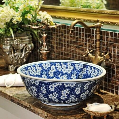 Europe style Handmade Lavabo Ceramic Washbasin Artistic Bathroom Sink Countertop ceramic art basin blue and white wash basin