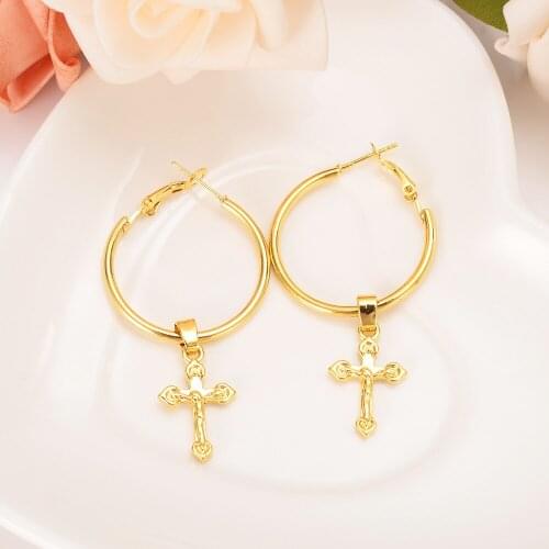 22 K 24 K Thai Baht Yellow Gold Filled Charm knot Cross Earrings Women Girl Special Design Christian party Jewelry Fine Bless