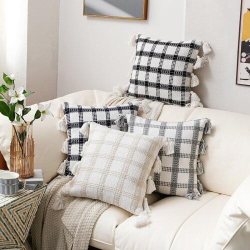 Nordic Simple Black White Beige Lattice Sofa Cushion Cover 45x45cm Geometric Tassel Pillow Cover Bed Home Decoration Pillowcase