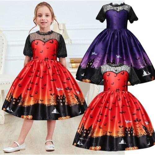 Halloween Party Princess For Girls Lace Sleeve Cartoon Print Cosplay Costume For Children Christmas Carnival Cloth For 4-10 Kids
