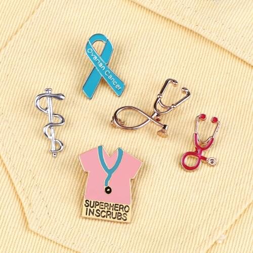 Hot Fashion Doctor Nurse Enamel Pins MiniStethoscope Blue Ribbon Brooches Women Lapel Pin Badges Jewelry Gift for Friends New