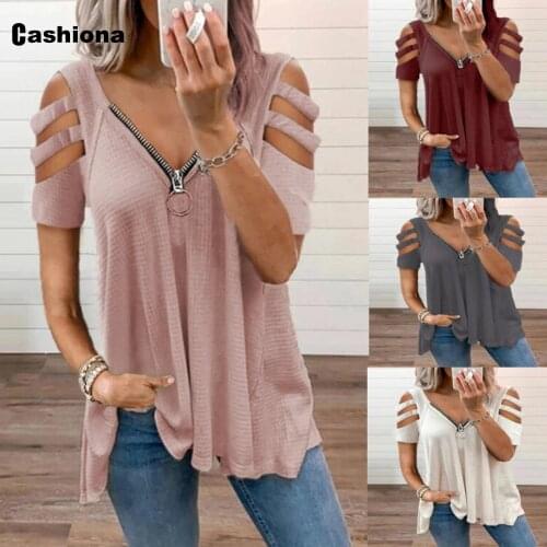 Cashiona Plus size Women Elegant Leisure Casual T-shirt Hollow Out Sleeve Womens Top 2021 Summer Loose Fashion Zipper Tee shirt