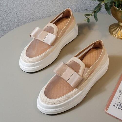 Summer Breathable Women Transparent Mesh Platform Shoes Casual Slip On Bowknot Creeper Loafers Female Joggers Trainer Sneakers
