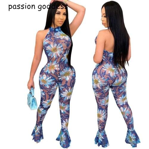 Plus Size Summer Women Sleeveless Backless Halter Skinny Sexy Flower Print Mesh Ruffles Long Jumpsuits Rompers One Piece Outfit