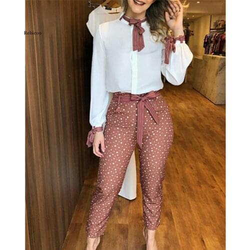 Women Elegant Autumn Clothing Set Casual Ladies Long Sleeve Shirt Top + Drawstring Waist Print Pants Ladies Two Piece Set