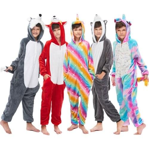 Boys Gilrs Winter Kigurumi Pajamas Unicorn Cartoon Anime Animal Onesies Kids Sleepwear Flannel Warm Homewear Parenthood Costume
