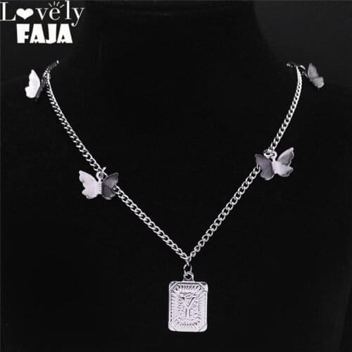 2021 Butterfly Stainless Steel Y Letter Chain Necklaces for Women Silver Color Necklaces Jewelry collier lettre N7002YS03