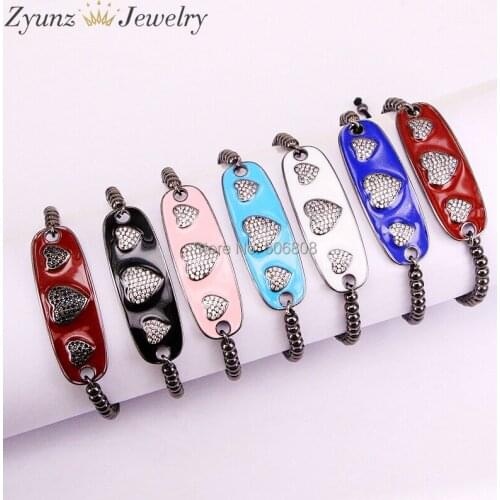 5PCS ZYZ328-2665 CZ Micro Pave Curved Bar with Crystal Heart Charms Bracelet, Cubic Zirconia Bar Beaded Macrame Bracelet