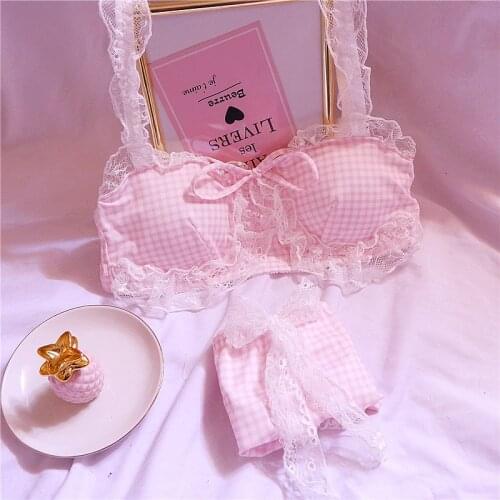 Animie Lolita Women Underwear Suit Sexy Lace Plaid Kawaii Bra and Panty Set Girl Sweet Cute Wire Free Comfortable Bra Set