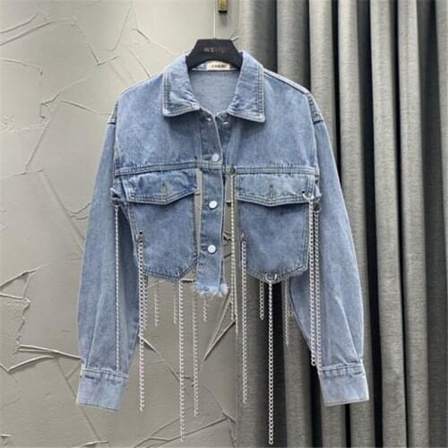 Chain Tassel Short Jeans Jackets Spring Autumn High Street Casual Female Denim Coat Long Sleeve Loose Black Bomber Outwear Z005