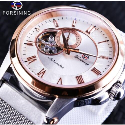 Forsining Mechanical Watches Luxury Rose Gold Case Silver Stainless Steel Unique 24 hours display Fashion Men Automatic Watch