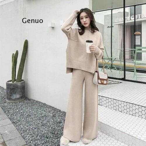 The drape knitting wide-legged pants suit two-piece women new winter cashmere sweater wide-legged pants western style suits