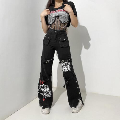 Jeans Woman High Waist Punk Style Printed Gothic Fashion Overalls Buckle Pocket Retro Denim Trousers Y2k Jeans Womens Pants