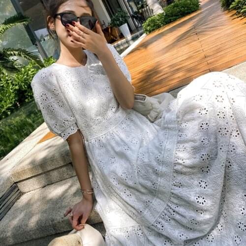 Jasite 2021 Summer New Women Dress O-Neck Hollow Out Lace White Dresses Boho Holiday Casual Beach Midi Dress Female Vestidos