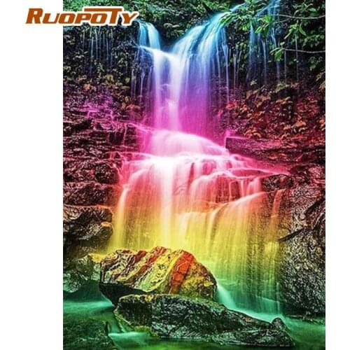 RUOPOTY Frame Picture Diy Painting By Numbers Kits Colorful Waterfall Coloring By Numbers Acrylic Canvas Painting Drawing Art