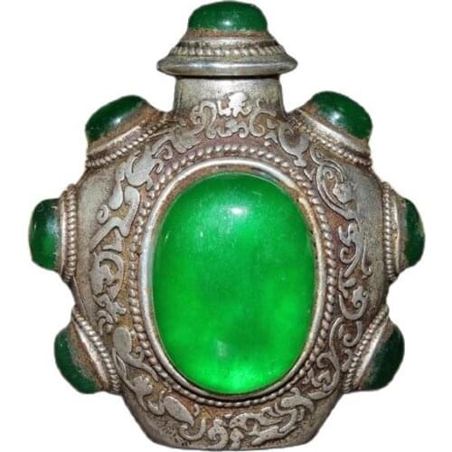 China old Tibetan folk silver inlaid with greenstone jade snuff bottle