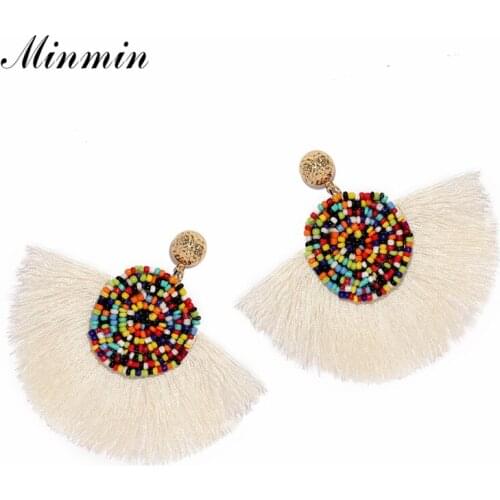 Minmin Boho Colorful Beaded Drop Tassel Earrings for Women 8 Colors Ethnic Handmade Fringe Large Earrings Fashion Jewelry EH1524