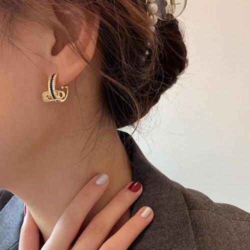 Fashion Rhinestone C Shape Brooch Gold Earring Trendy Semicycle Women Jewelry Korean Style