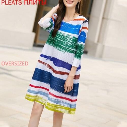 Fashion Printed Pleated Dress Loose Show Thin Mid Dress Miyake Temperament Nine-point Sleeve Dresses Pleats Shein Vestido
