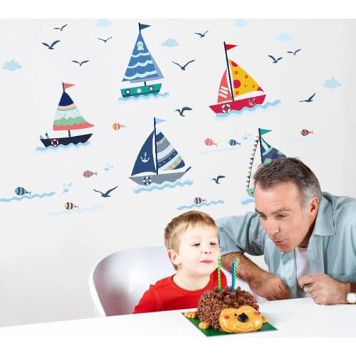 Cartoon seabird sailboat wall sticker PVC Material DIY waterproof wall decals For Childrens room kindergarten decor sticker