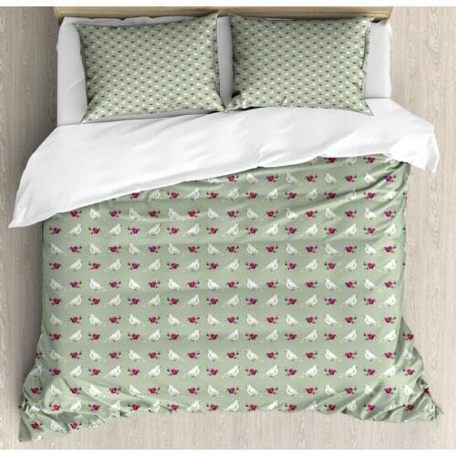 Dove Duvet Cover Set Watercolor Artwork of Roses and Birds 3 Piece Bedding Set Sage Green Dark Magenta