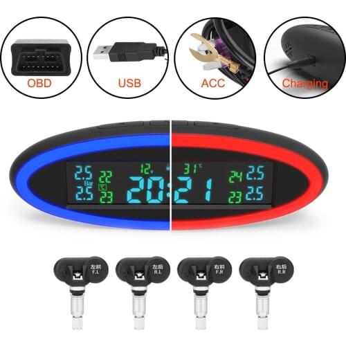 NEW Car TPMS Tire Pressure Sensors Monitoring System LED Ambient Light Decoration ACC OBD2 USB Charger Digital Clock Accessories