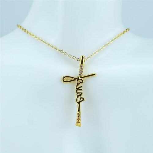 Micro-Pave Letters Cross Pendant Necklace Women Mens Simple Religious Style Christian Jewelry Gifts