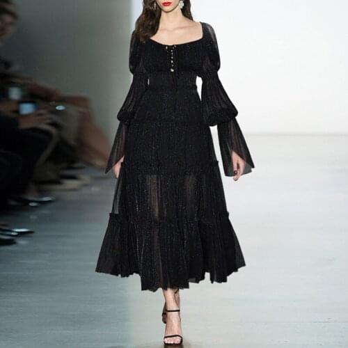 Runway Fashion Square Collar Women Summer Autumn Dress 2021 Lantern Sleeve Black Bling Elastic Ruffles Long Party Holiday Dress