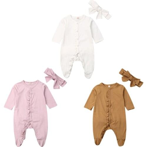 2020 New Fall Autumn 0-12M Newborn Baby Girls 2Pcs Set Solid Color Back Ruffled Long Sleeve Footie+Headband Infant Clothes